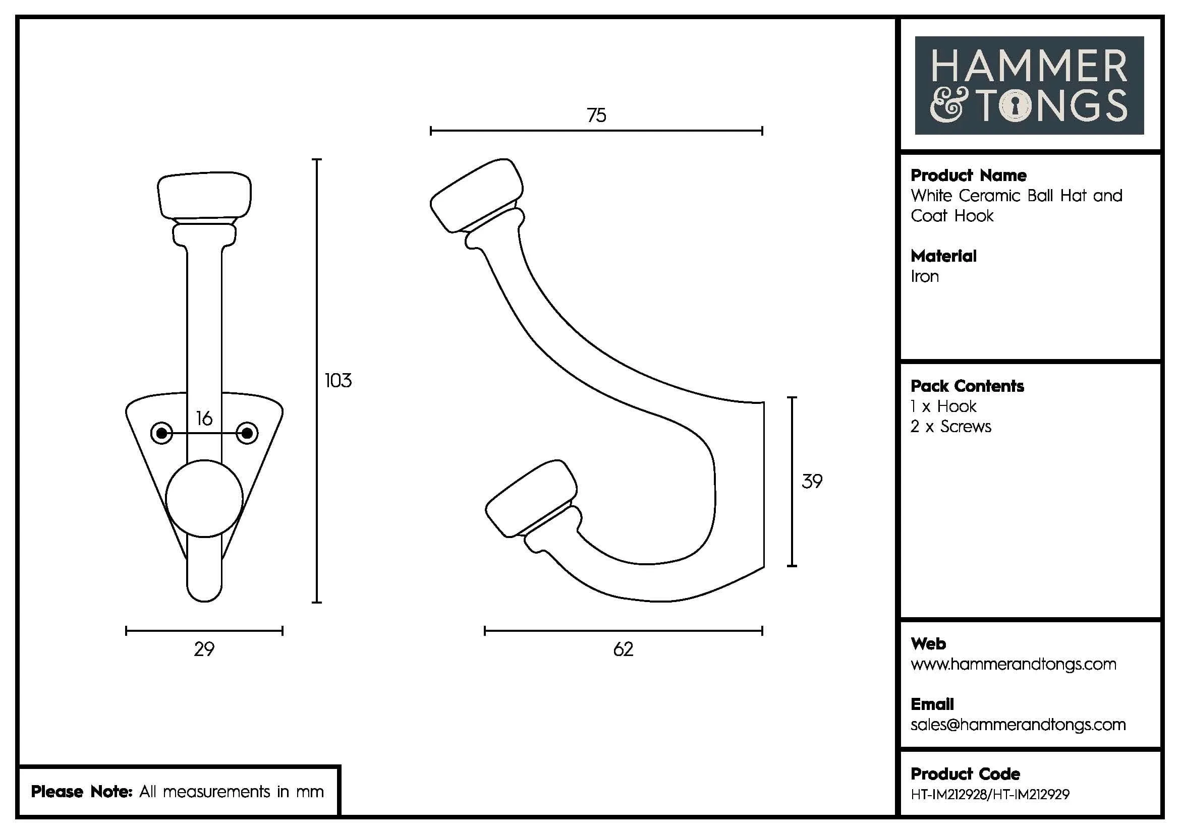 30mm x 105mm White Ceramic Ball Hat & Coat Hook - By Hammer & Tongs