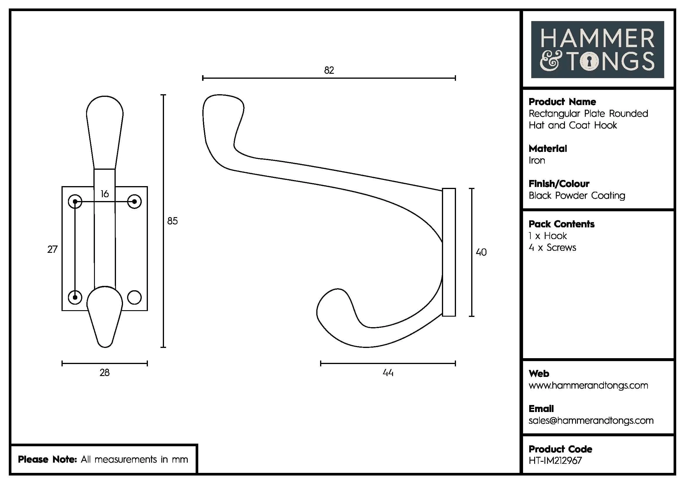 30mm x 85mm Black Rectangular Plate Rounded Hat & Coat Hook - By Hammer & Tongs