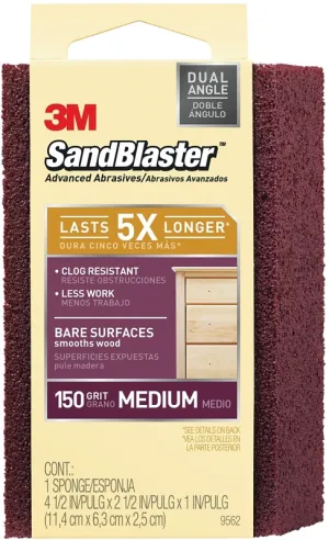 3M SandBlaster 9562 Sanding Sponge, 4-1/2 in L, 2-1/2 in W, 150 Grit, Medium, Aluminum Oxide Abrasive :EA: QUANTITY: 1