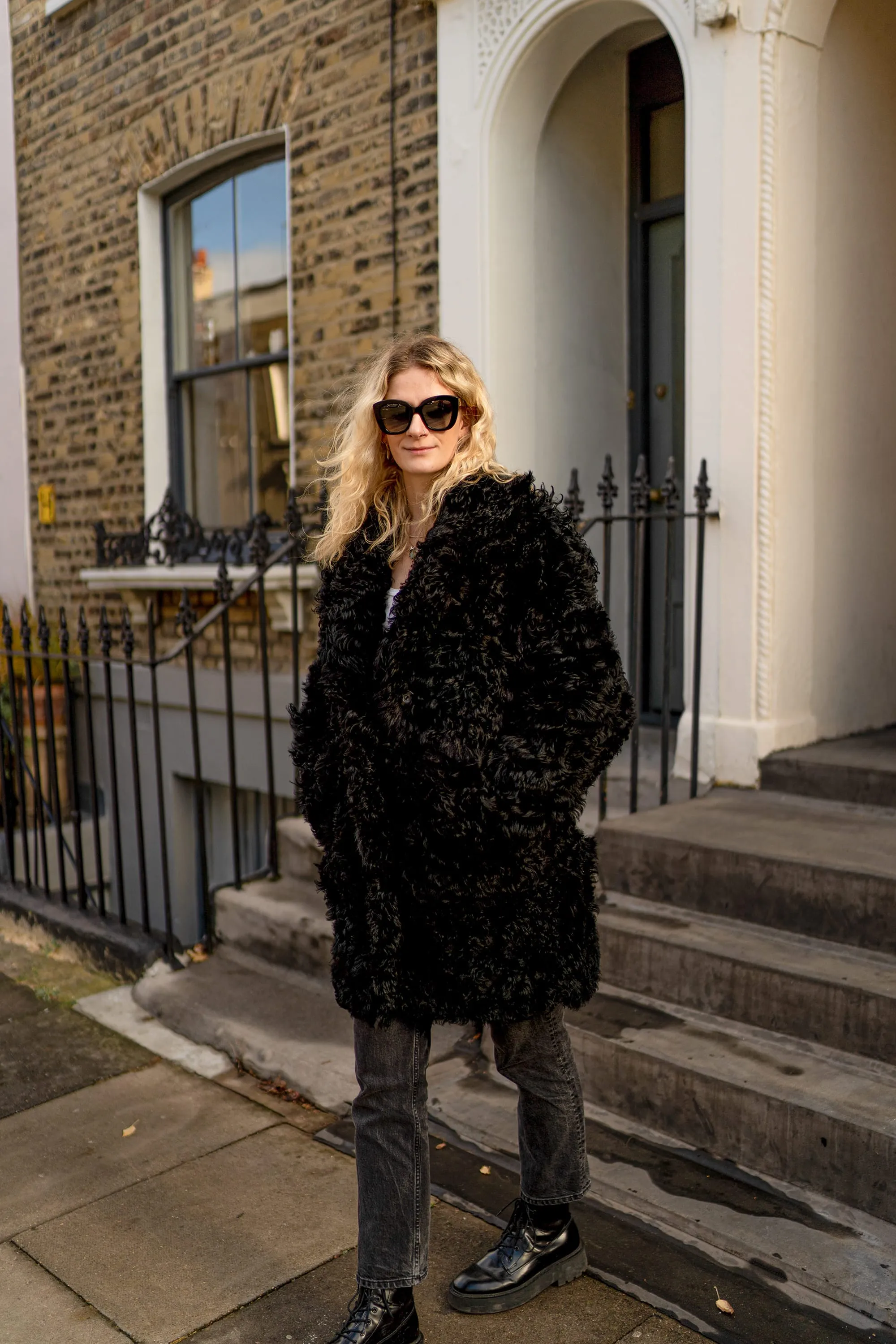 Black Mid Curly Shearling Coat