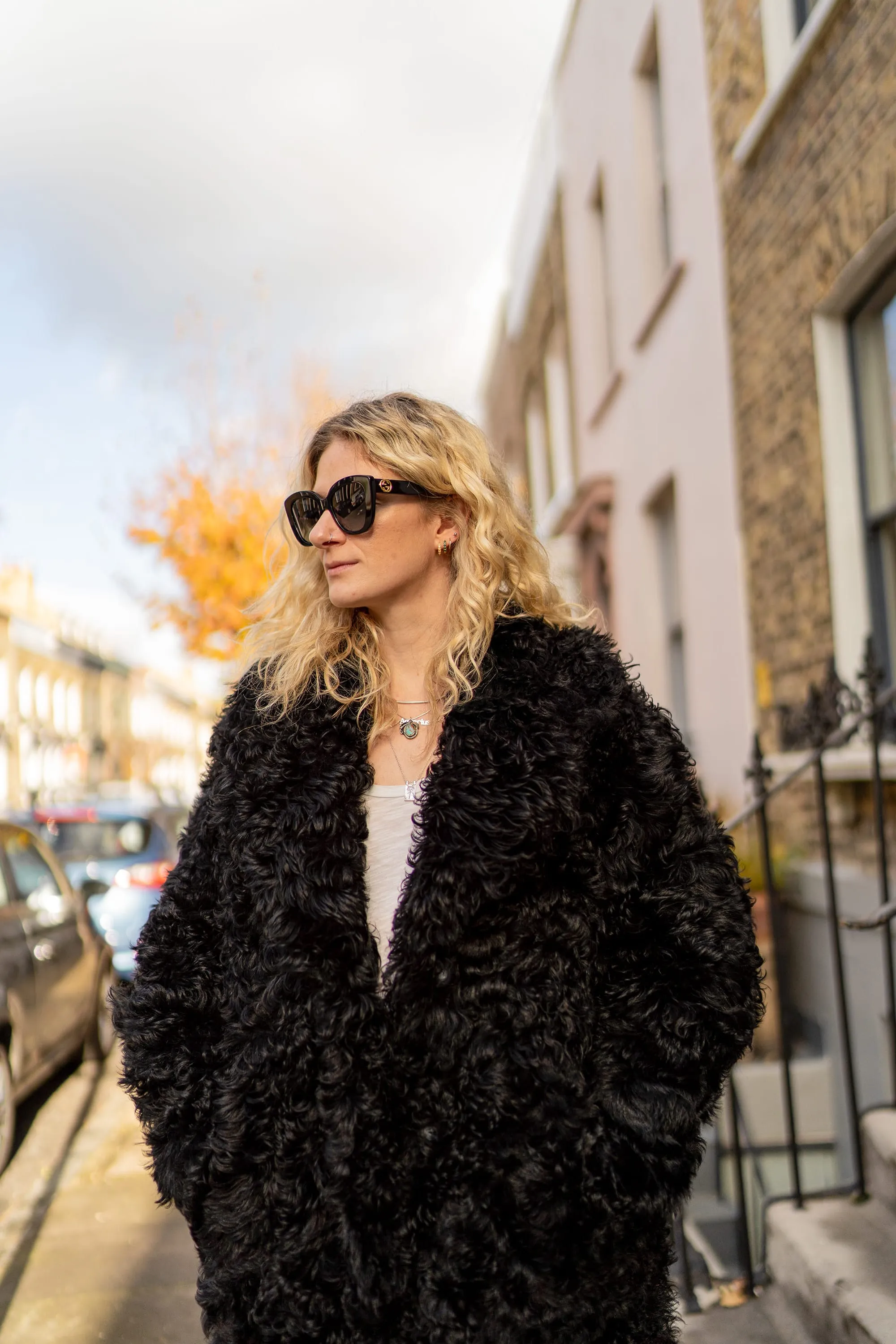 Black Mid Curly Shearling Coat