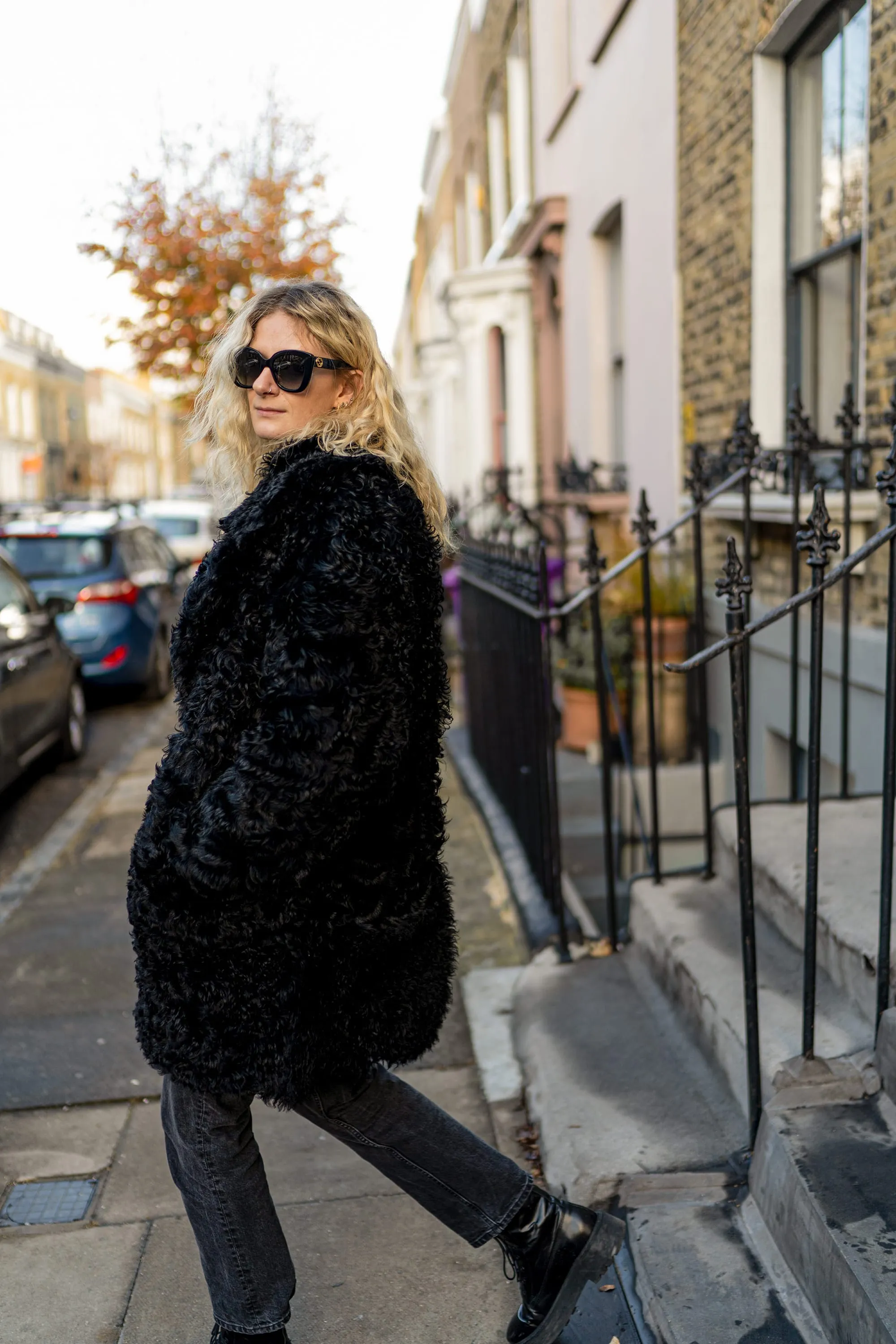 Black Mid Curly Shearling Coat