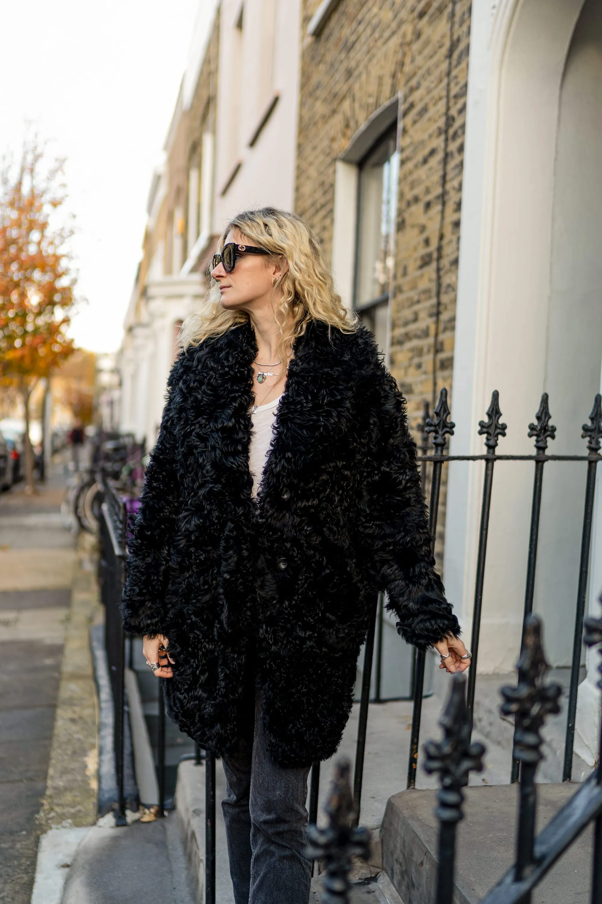 Black Mid Curly Shearling Coat
