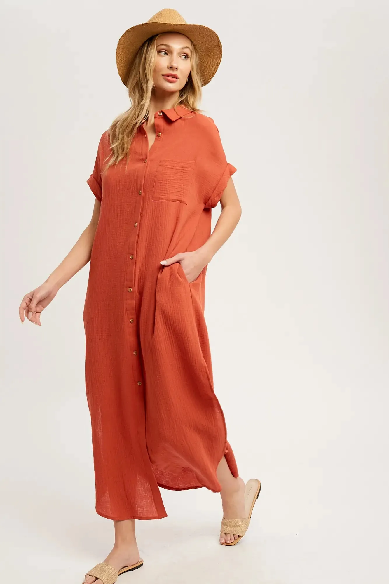 Button Up Maxi Shirt Dress - Terracotta