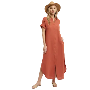 Button Up Maxi Shirt Dress - Terracotta