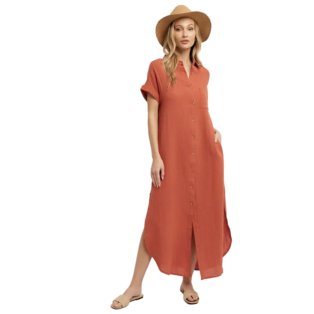 Button Up Maxi Shirt Dress - Terracotta
