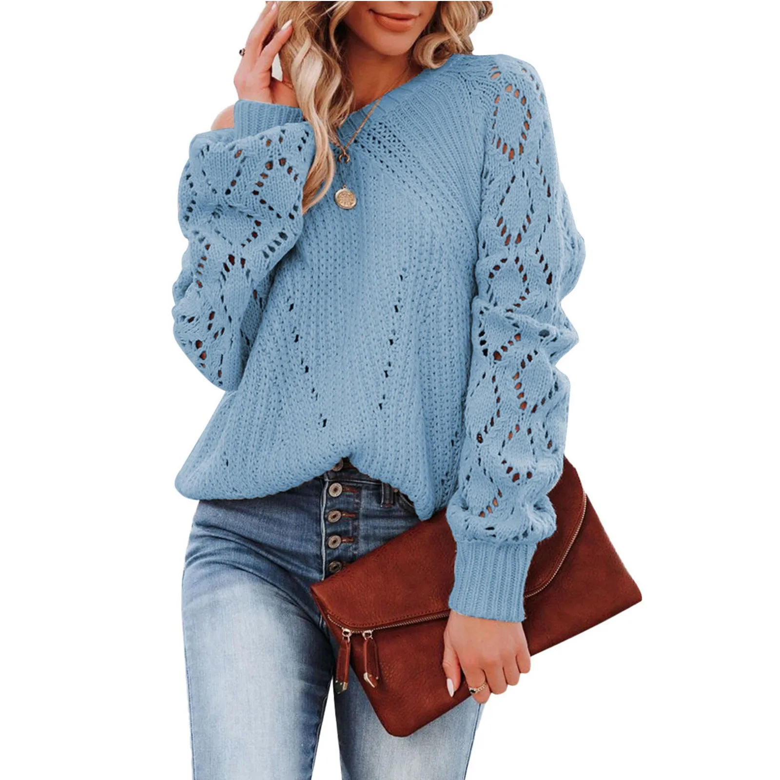 Fashion Round Neck Solid Color Sweater Wholesale Womens Tops