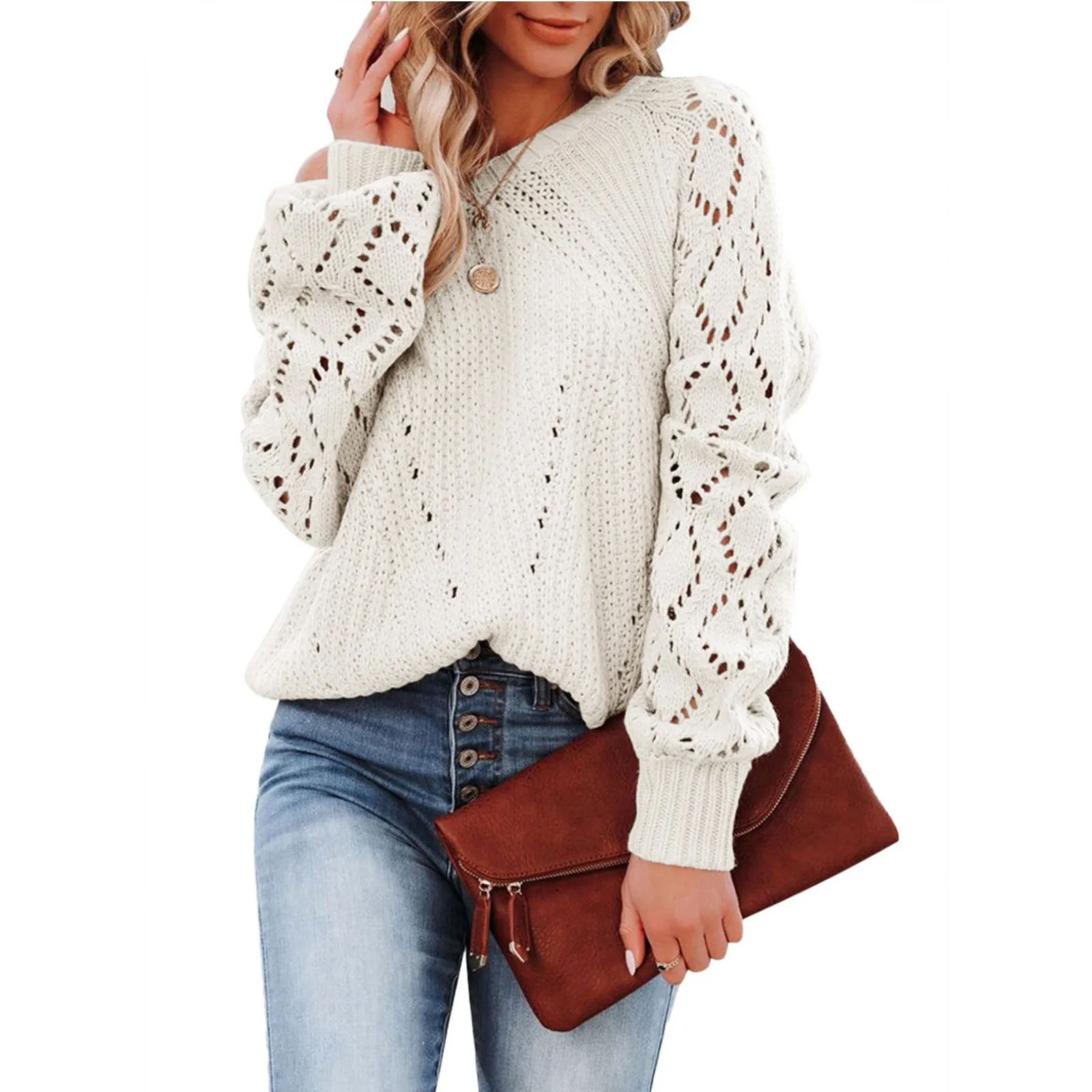 Fashion Round Neck Solid Color Sweater Wholesale Womens Tops