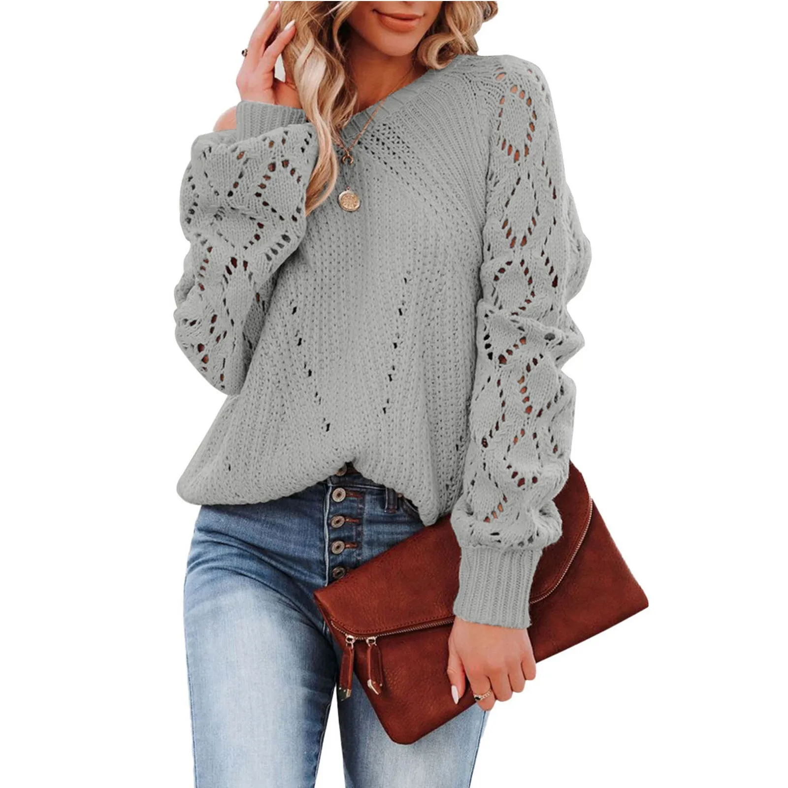 Fashion Round Neck Solid Color Sweater Wholesale Womens Tops