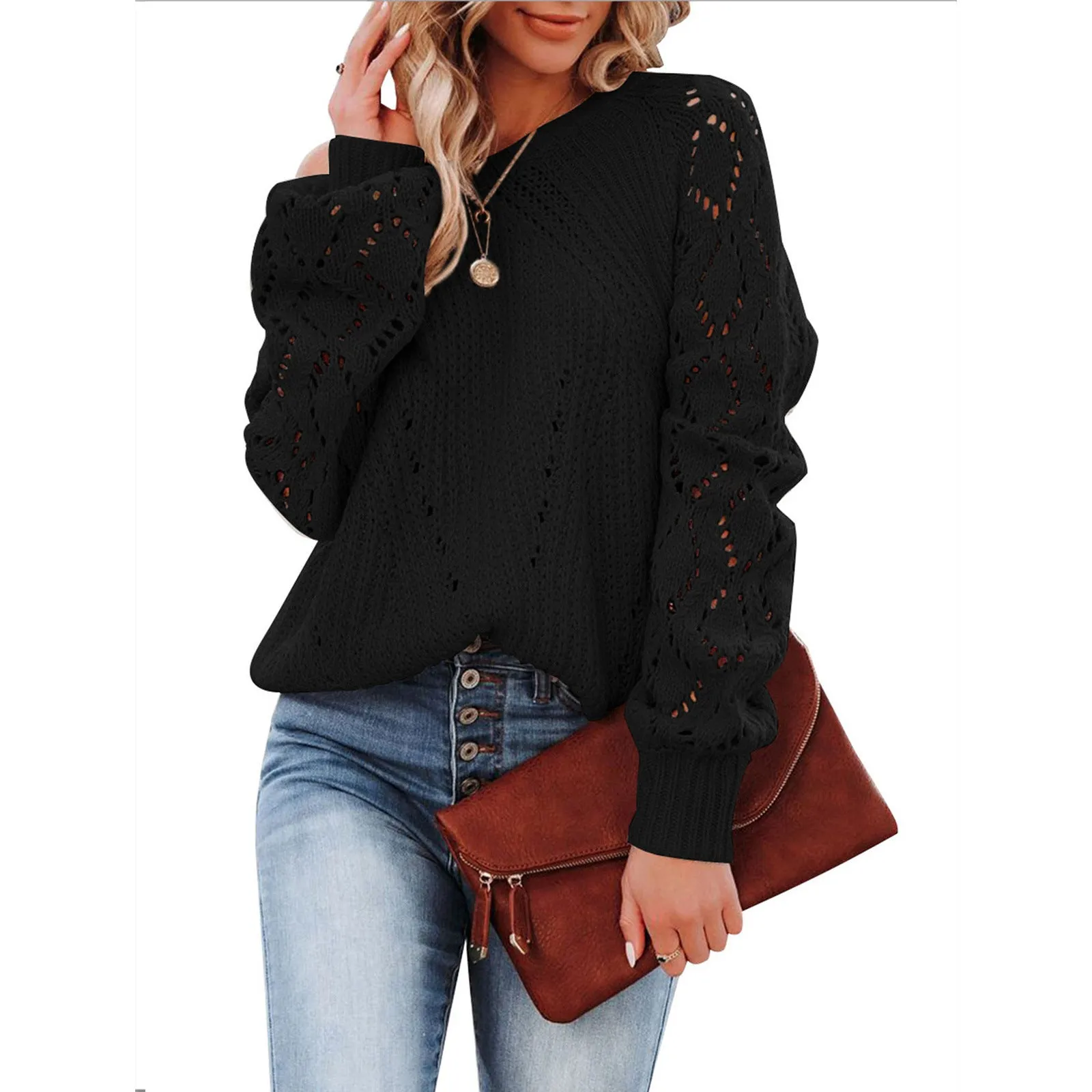 Fashion Round Neck Solid Color Sweater Wholesale Womens Tops