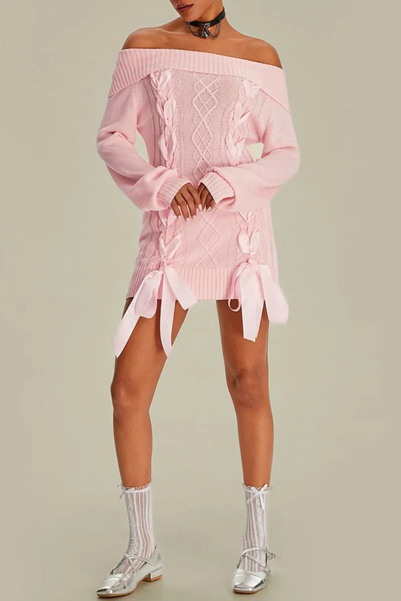 HWS1218 Off-Shoulder Ribbon Knit Dress