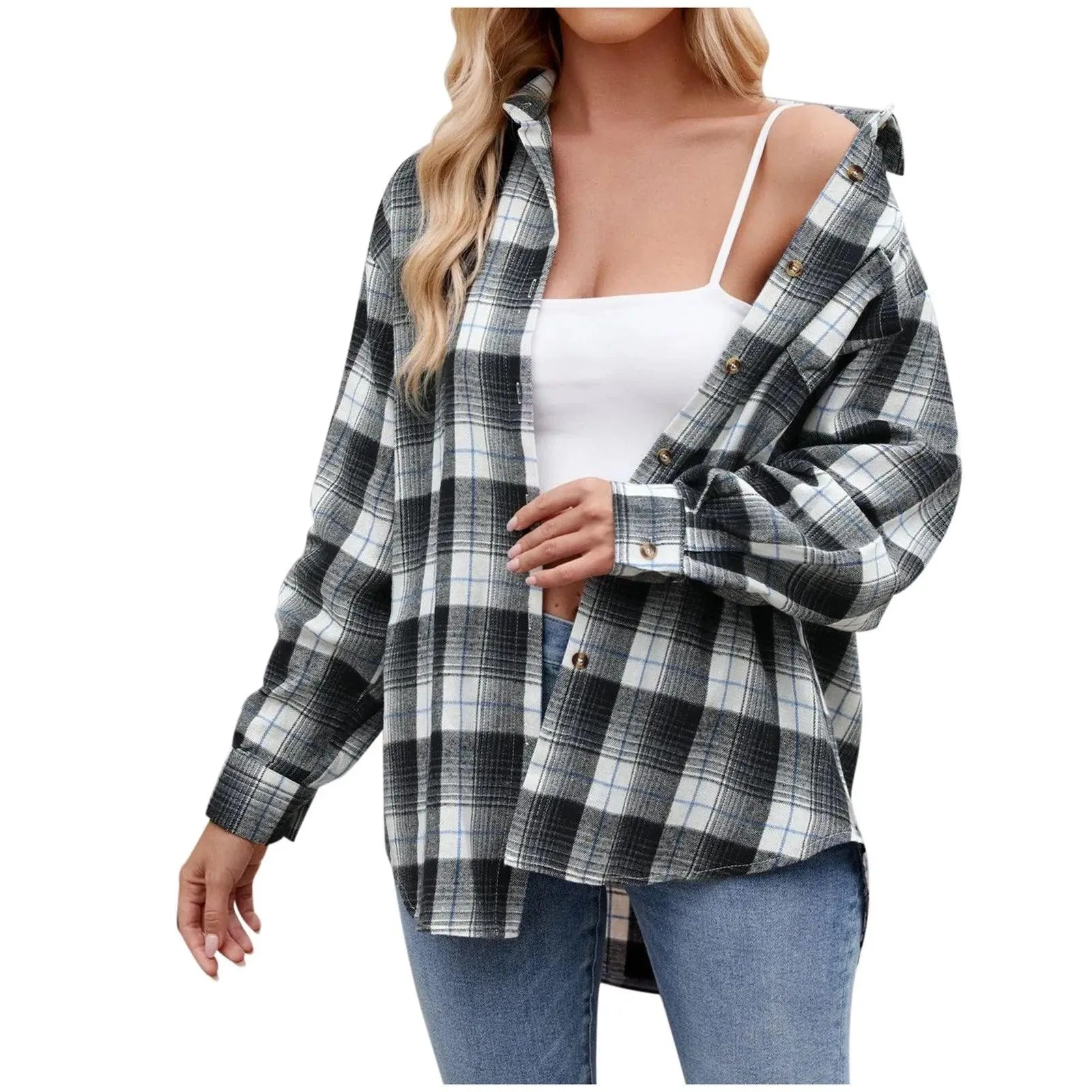 Jacket V Neck Top Women Lightweight Flannel Plaid Button Down Shirt Oversized Long Sleeve Bodycon Jacket Top Coats For Female