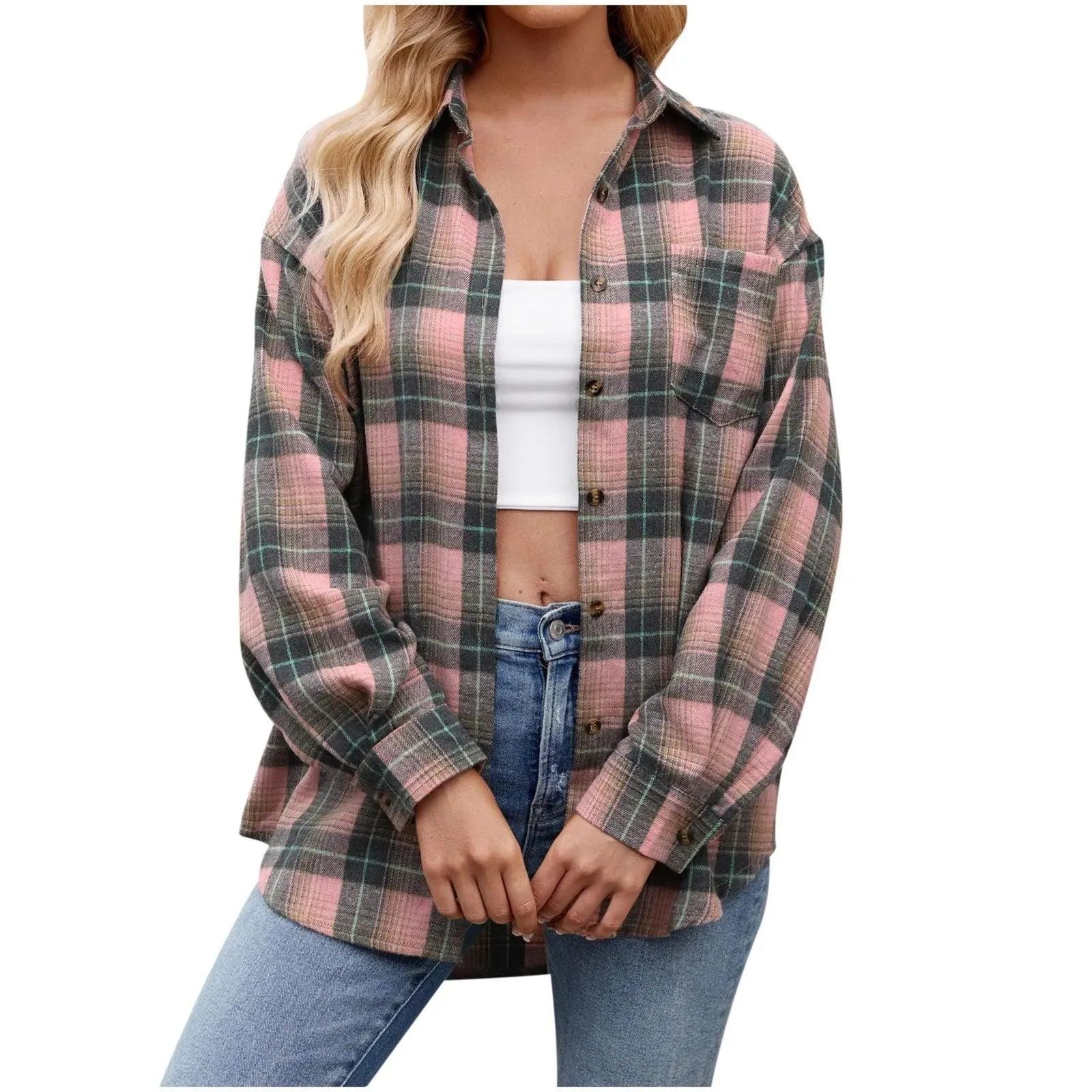 Jacket V Neck Top Women Lightweight Flannel Plaid Button Down Shirt Oversized Long Sleeve Bodycon Jacket Top Coats For Female