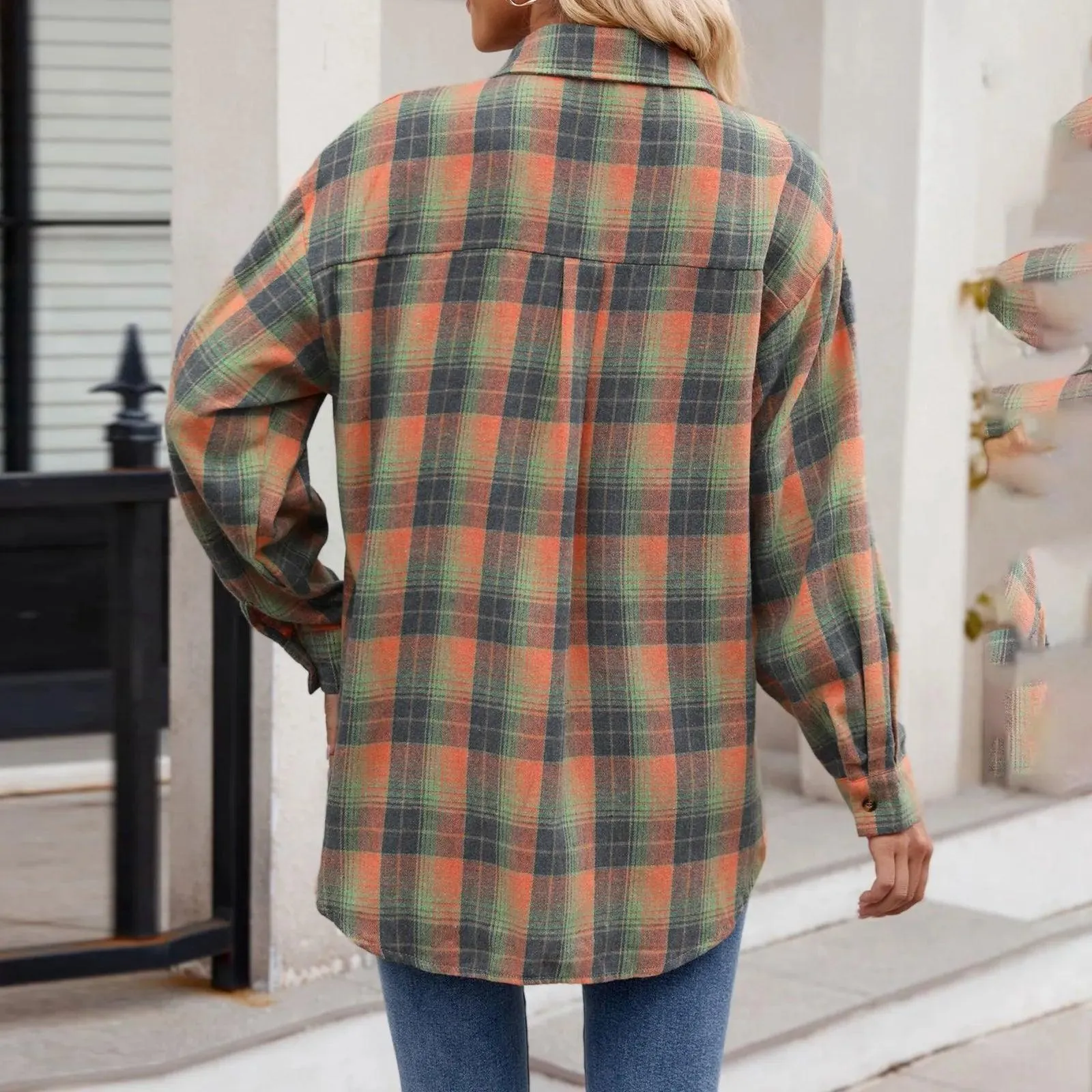 Jacket V Neck Top Women Lightweight Flannel Plaid Button Down Shirt Oversized Long Sleeve Bodycon Jacket Top Coats For Female