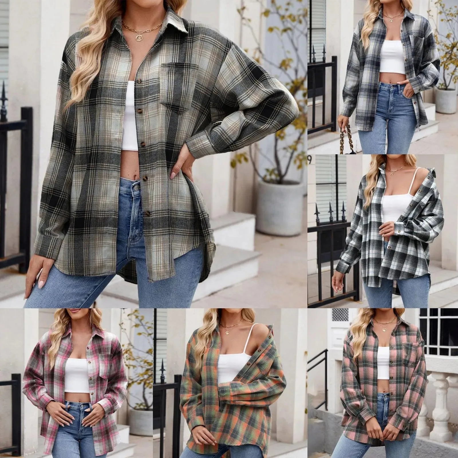 Jacket V Neck Top Women Lightweight Flannel Plaid Button Down Shirt Oversized Long Sleeve Bodycon Jacket Top Coats For Female
