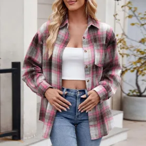 Jacket V Neck Top Women Lightweight Flannel Plaid Button Down Shirt Oversized Long Sleeve Bodycon Jacket Top Coats For Female