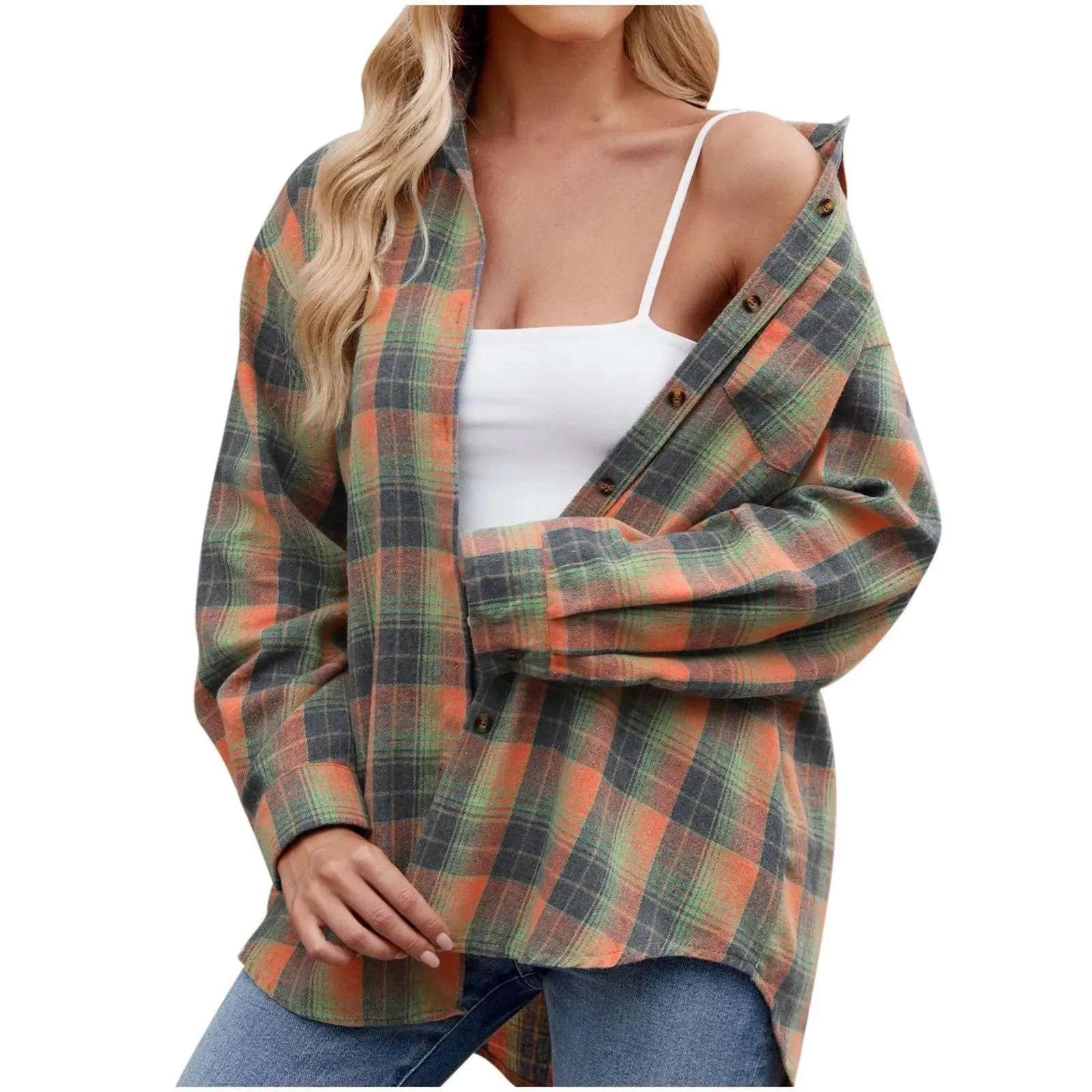 Jacket V Neck Top Women Lightweight Flannel Plaid Button Down Shirt Oversized Long Sleeve Bodycon Jacket Top Coats For Female