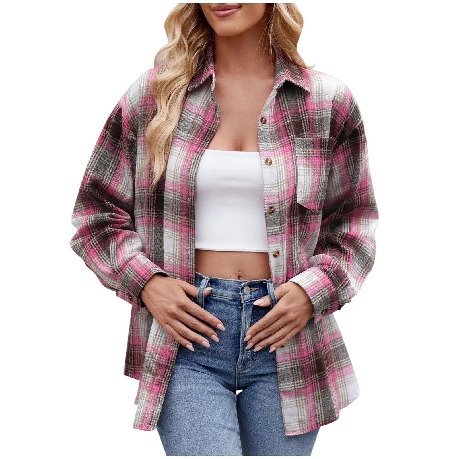 Jacket V Neck Top Women Lightweight Flannel Plaid Button Down Shirt Oversized Long Sleeve Bodycon Jacket Top Coats For Female