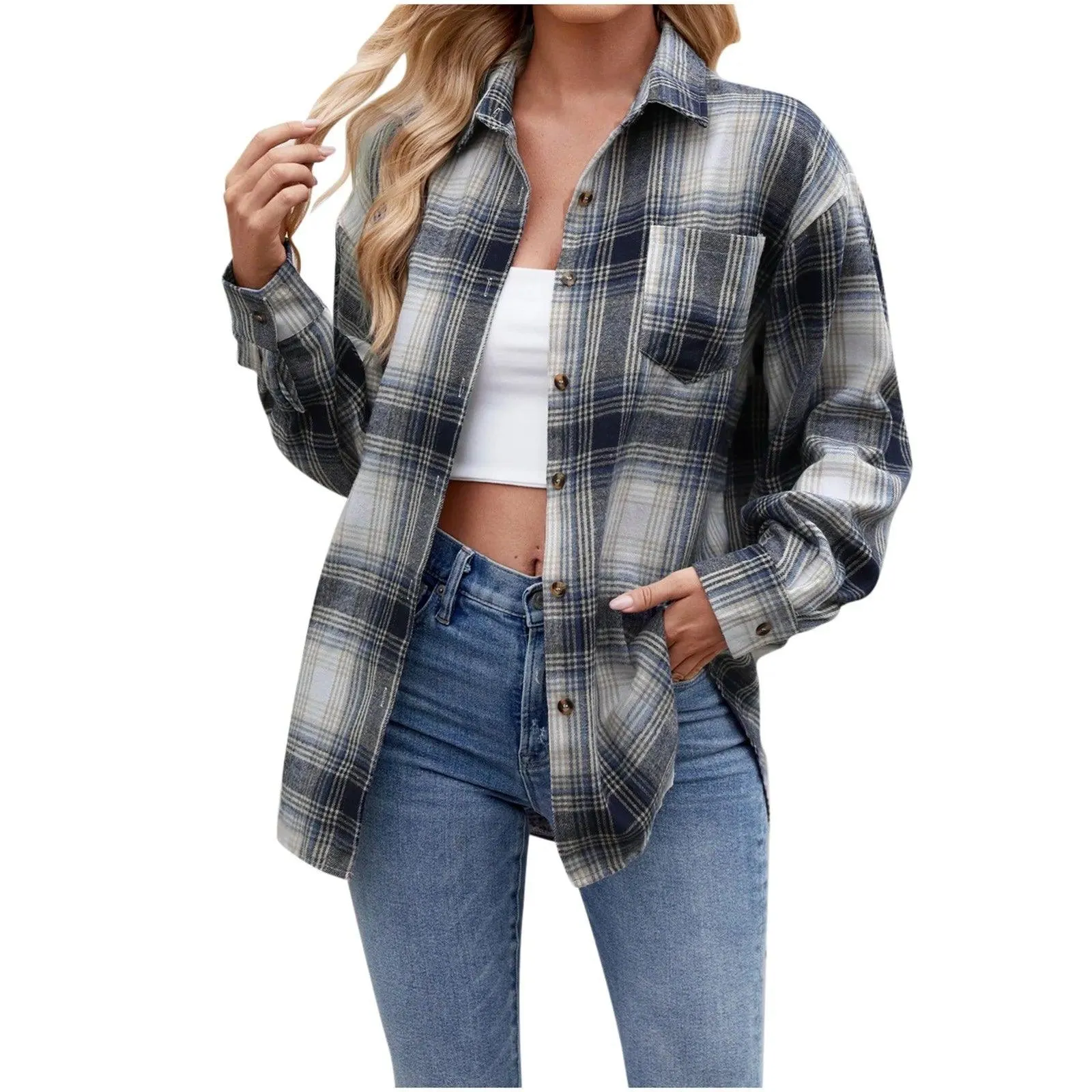 Jacket V Neck Top Women Lightweight Flannel Plaid Button Down Shirt Oversized Long Sleeve Bodycon Jacket Top Coats For Female