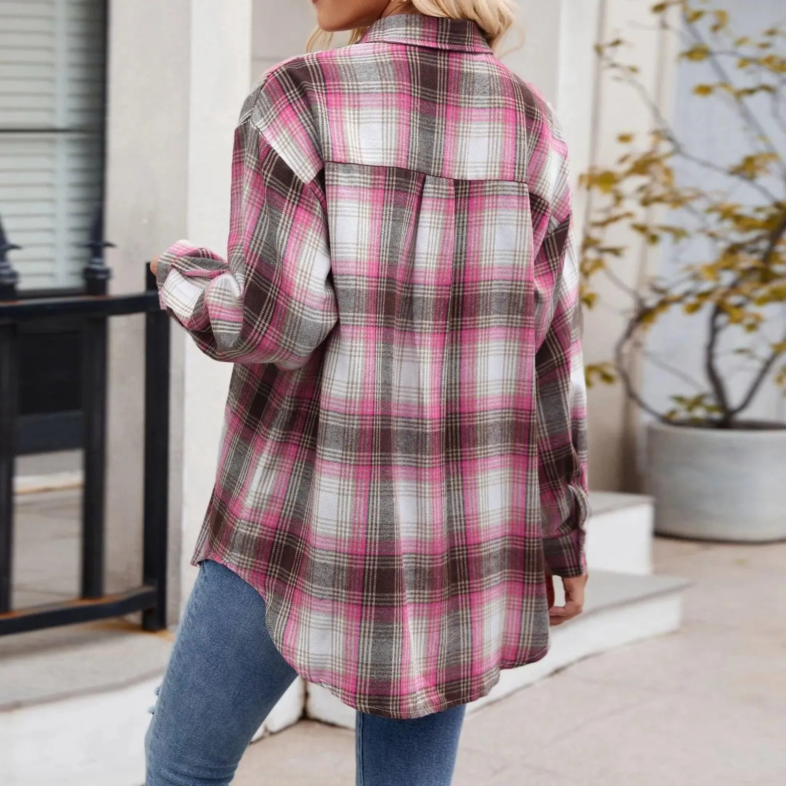 Jacket V Neck Top Women Lightweight Flannel Plaid Button Down Shirt Oversized Long Sleeve Bodycon Jacket Top Coats For Female
