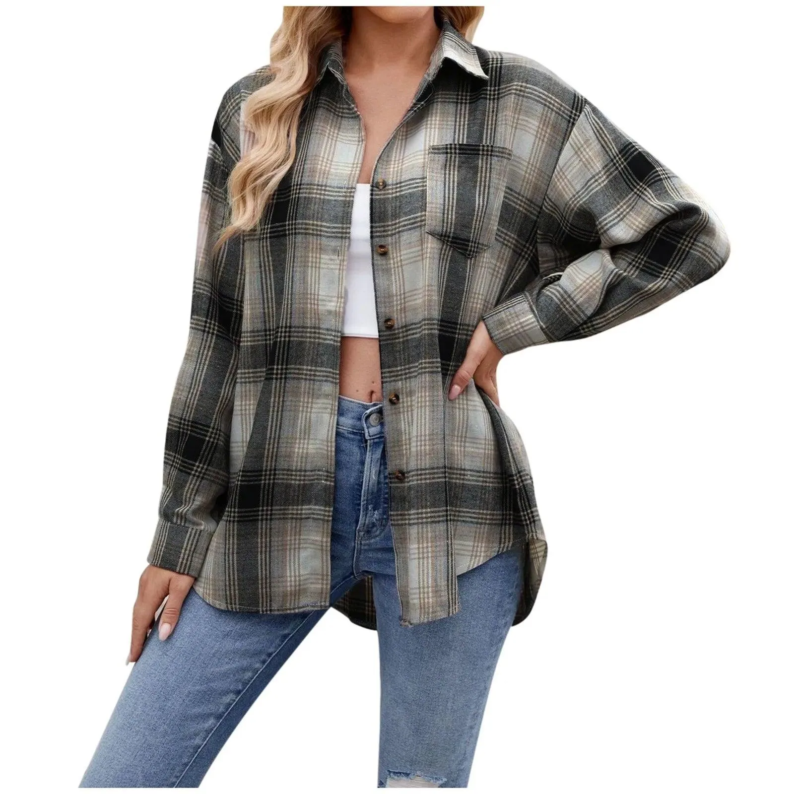 Jacket V Neck Top Women Lightweight Flannel Plaid Button Down Shirt Oversized Long Sleeve Bodycon Jacket Top Coats For Female