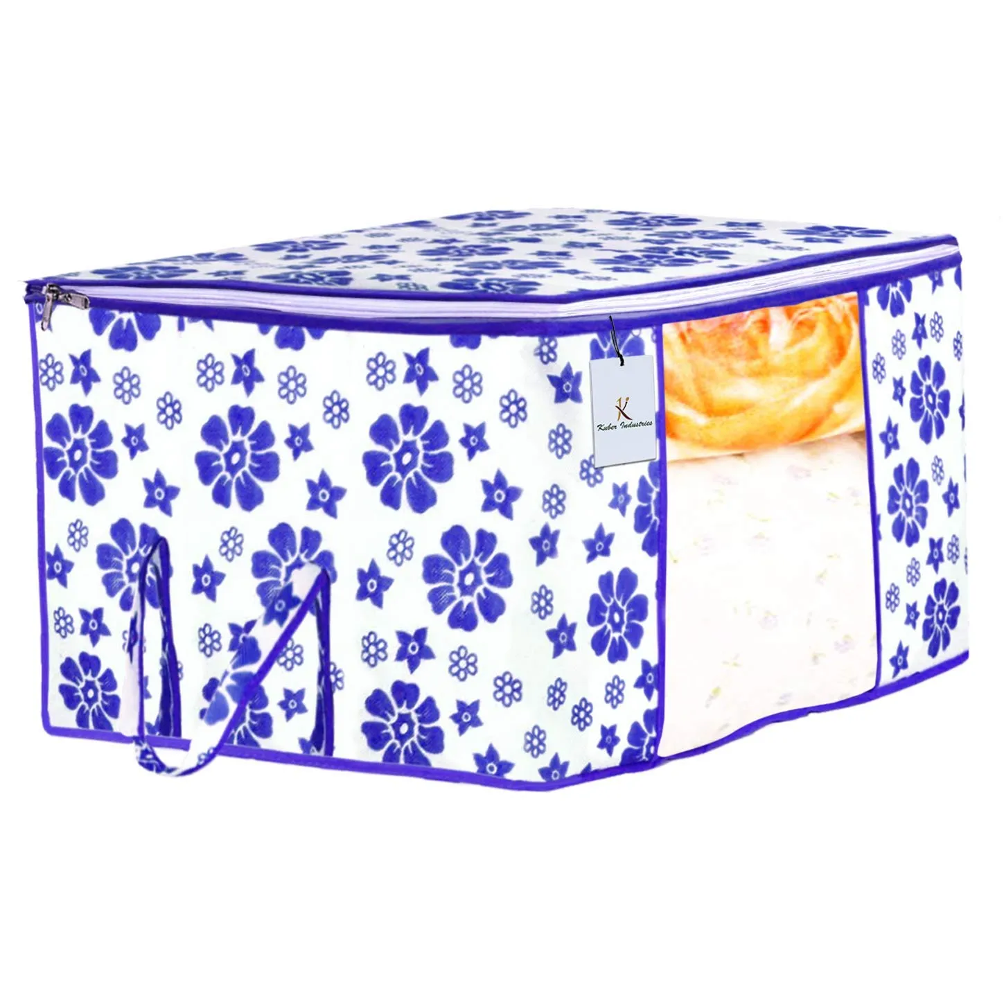 Kuber Industries Flower Design 2 Piece Non Woven Fabric Underbed Storage Bag,Cloth Organiser,Blanket Cover with Transparent Window, Pink & Blue -CTKTC41041