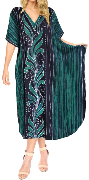 LA LEELA Cotton Batik Printed Women's Kaftan Kimono Summer Beachwear Cover up Dress OSFM 14-18W [L- 2X] Green_B233