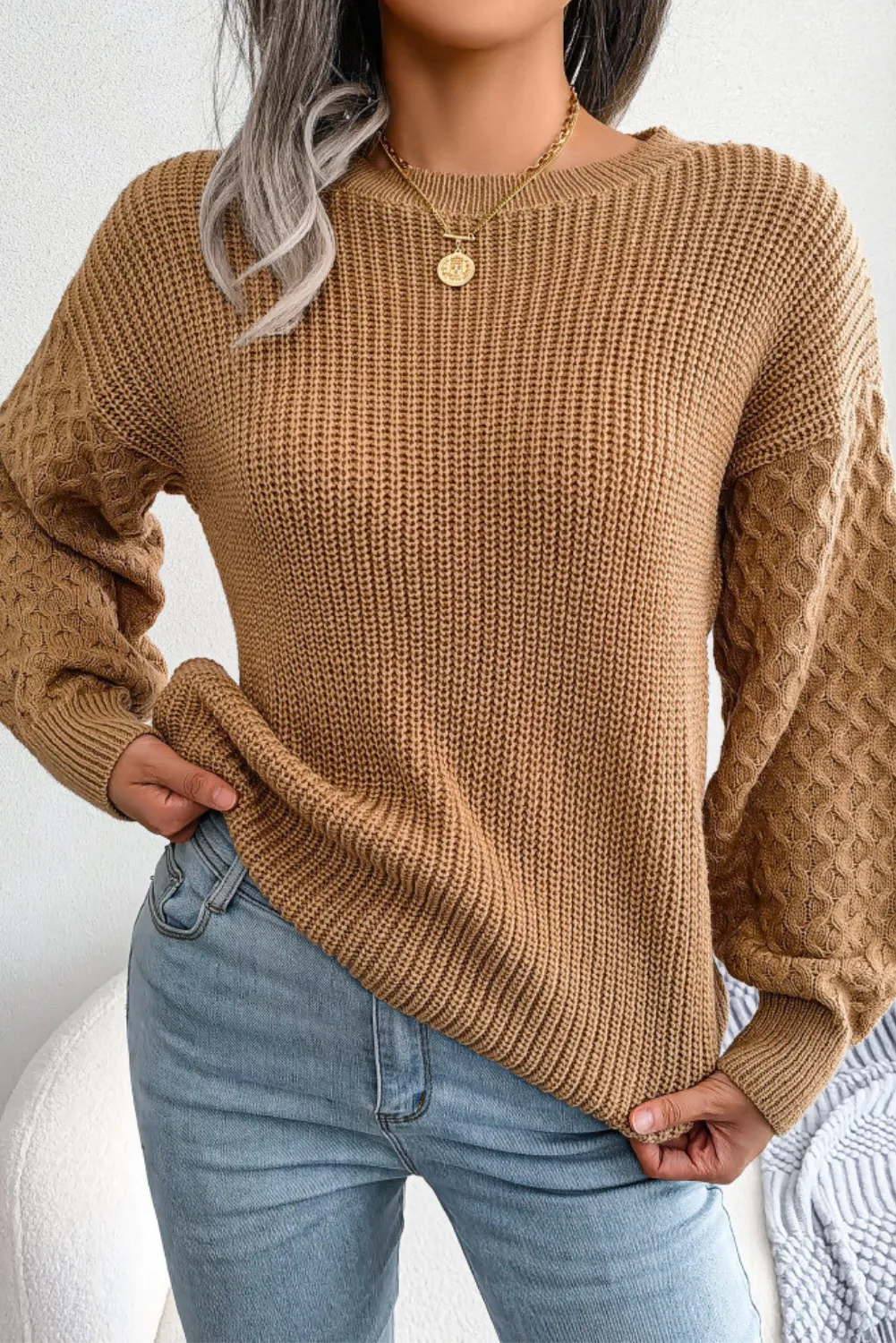 'Leila' Cable Knit Sleeve Ribbed Sweater (3 Colors)