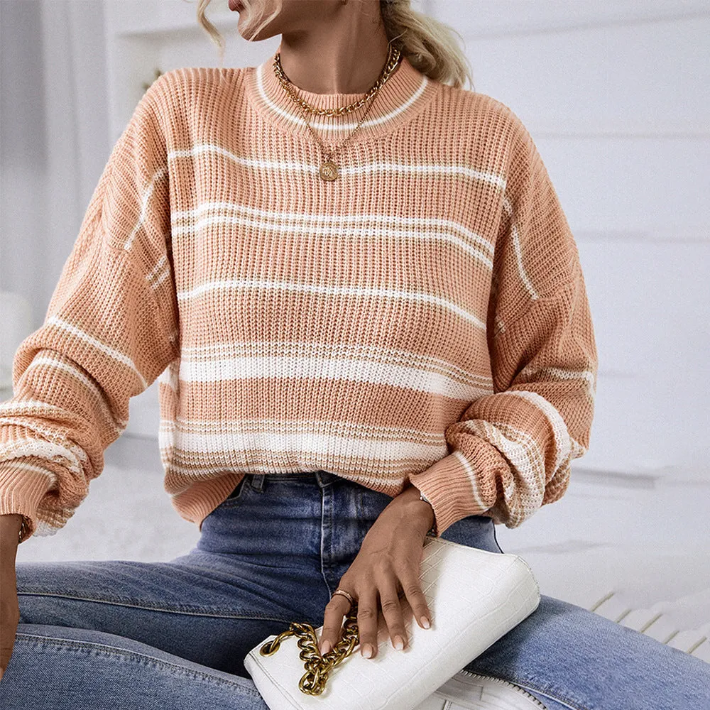 Loose Casual Round Neck Long Sleeve Striped Sweater Wholesale Womens Tops