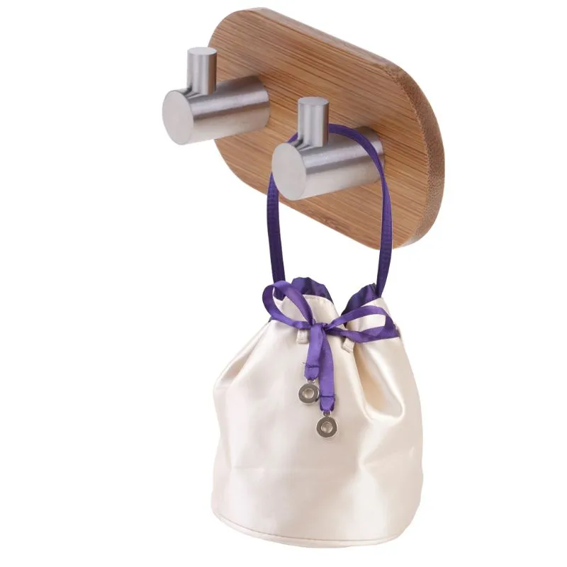 Natural Bamboo Stainless Steel Wall Hook Bag Key Towel Adhesive Hanger For Kitchen Bathroom qiang