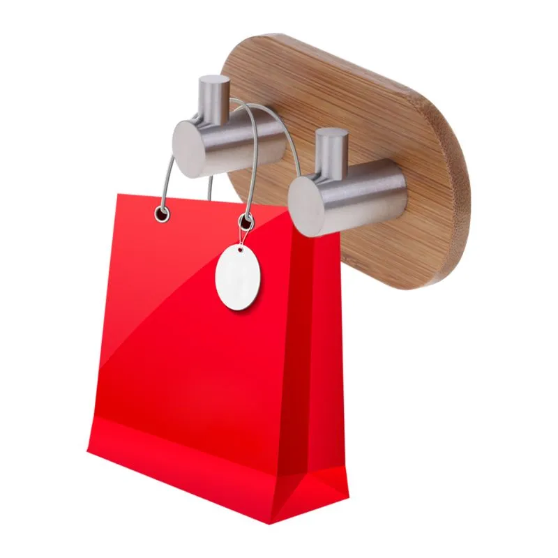 Natural Bamboo Stainless Steel Wall Hook Bag Key Towel Adhesive Hanger For Kitchen Bathroom qiang