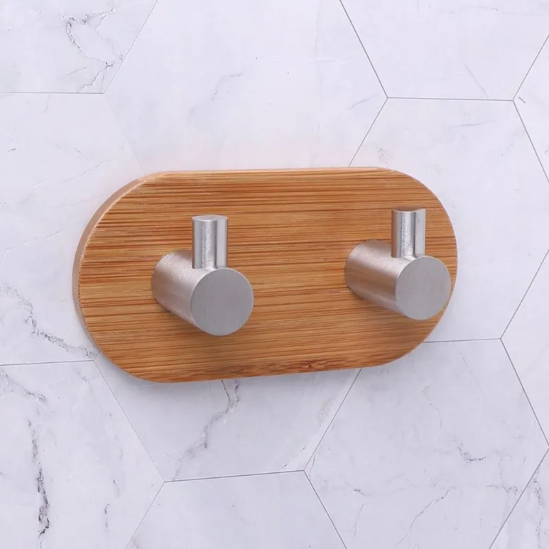 Natural Bamboo Stainless Steel Wall Hook Bag Key Towel Adhesive Hanger For Kitchen Bathroom qiang