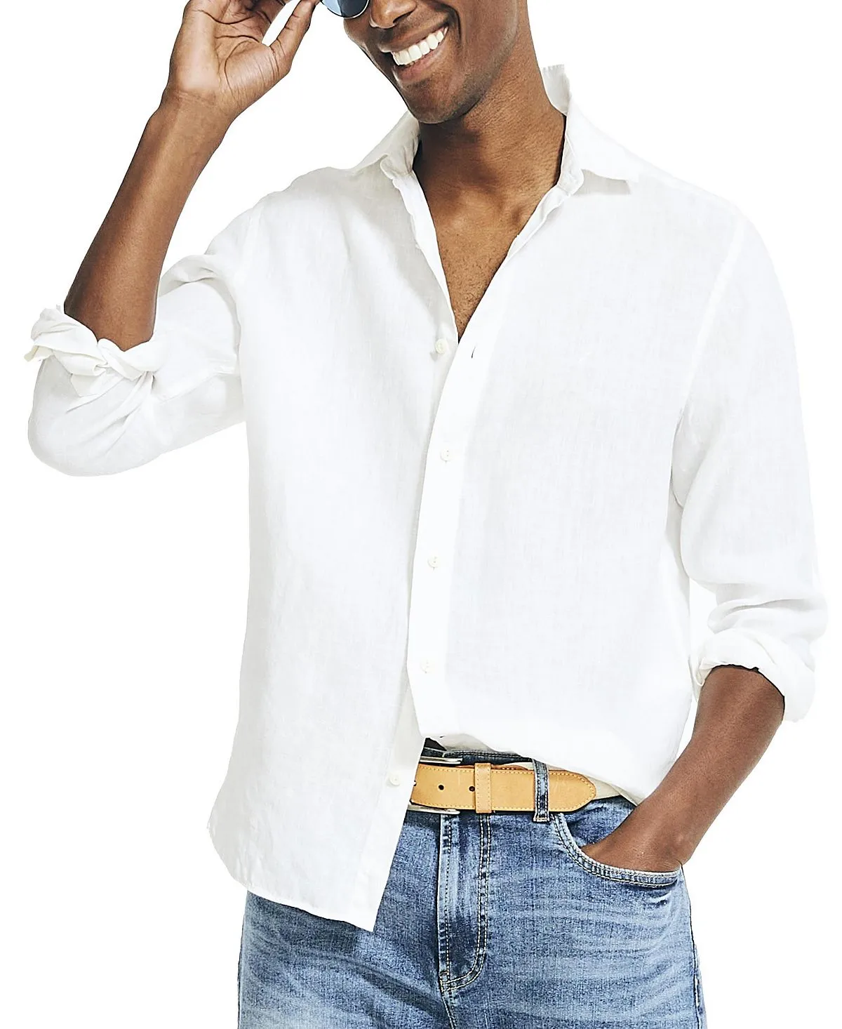 Nautica Men's Plain Linen Regular Fit Long Sleeve Button Down Shirt ,  white