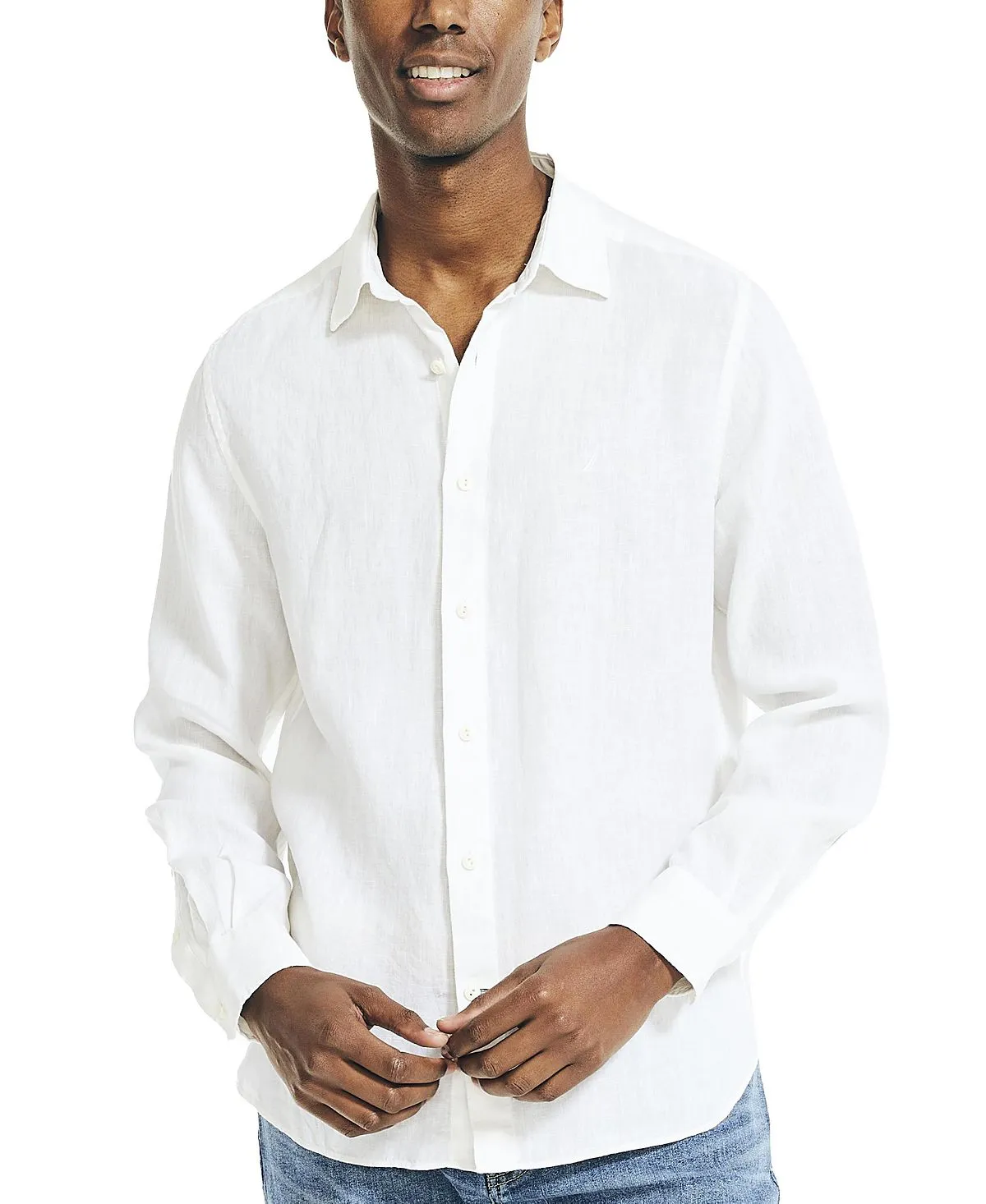 Nautica Men's Plain Linen Regular Fit Long Sleeve Button Down Shirt ,  white