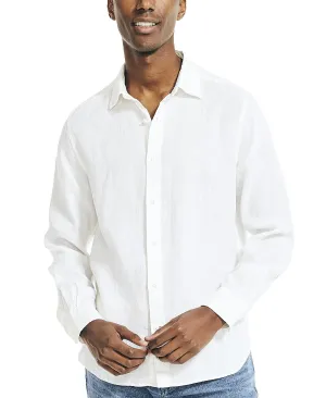 Nautica Men's Plain Linen Regular Fit Long Sleeve Button Down Shirt ,  white