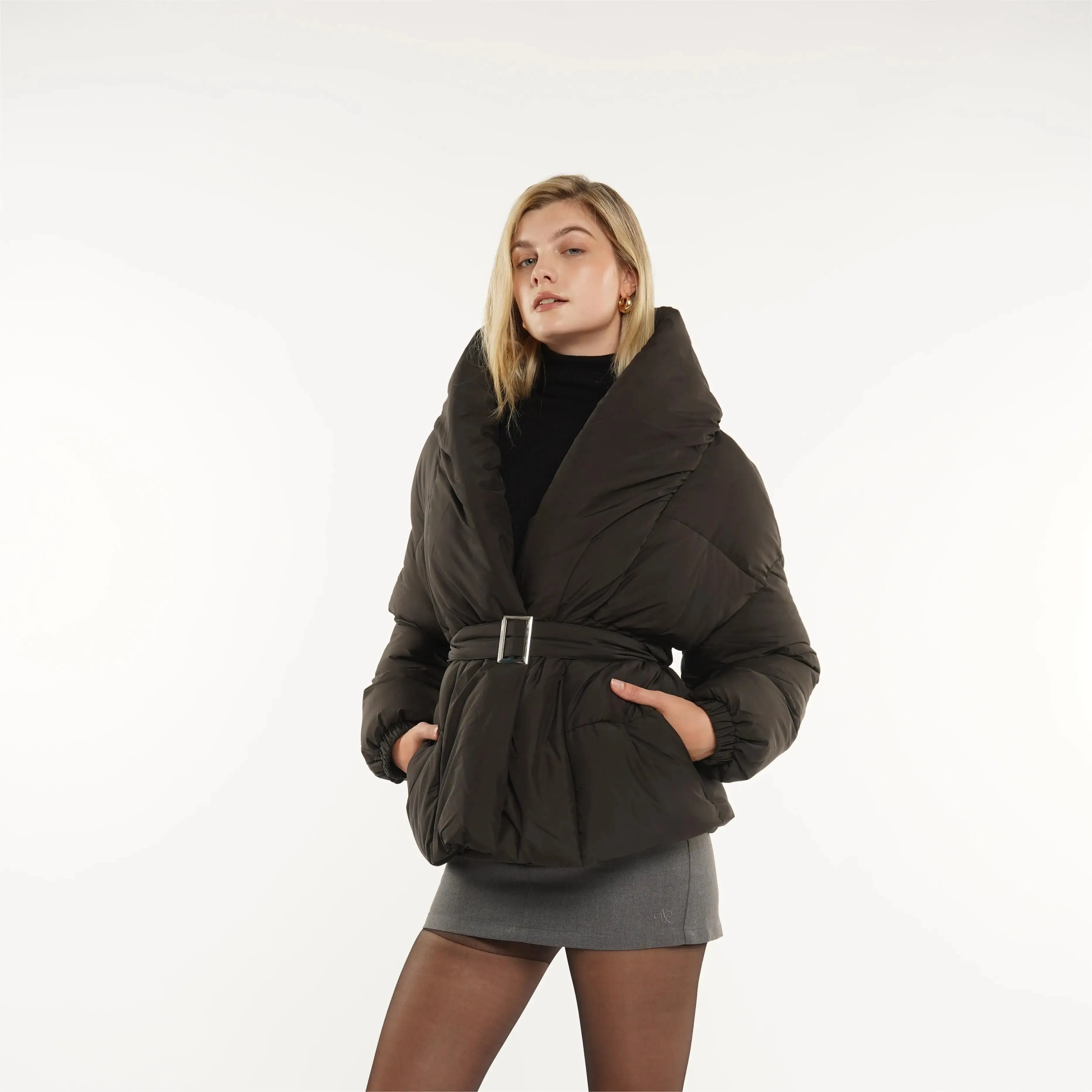New Design Women Puffer Jacket Mid Length Belted Magnet Button Puffer  Winter Water Repellent