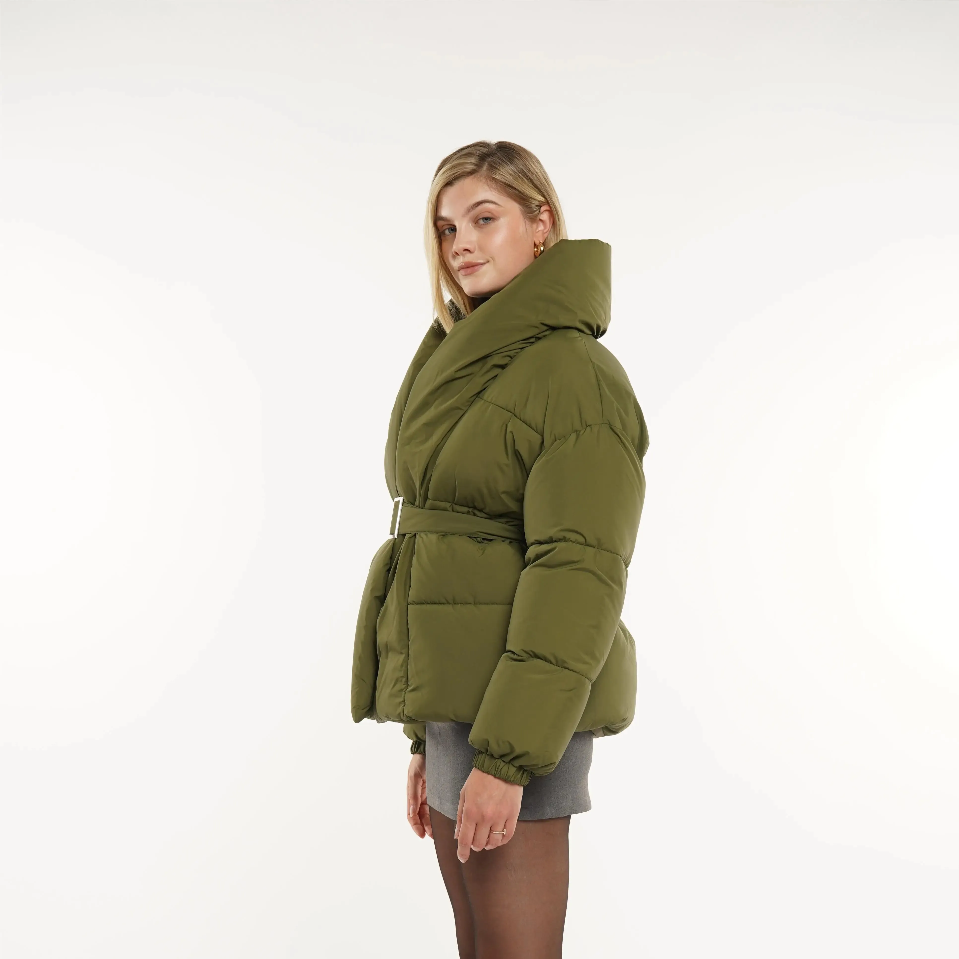 New Design Women Puffer Jacket Mid Length Belted Magnet Button Puffer  Winter Water Repellent