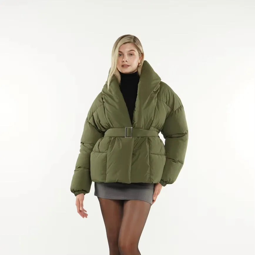 New Design Women Puffer Jacket Mid Length Belted Magnet Button Puffer  Winter Water Repellent