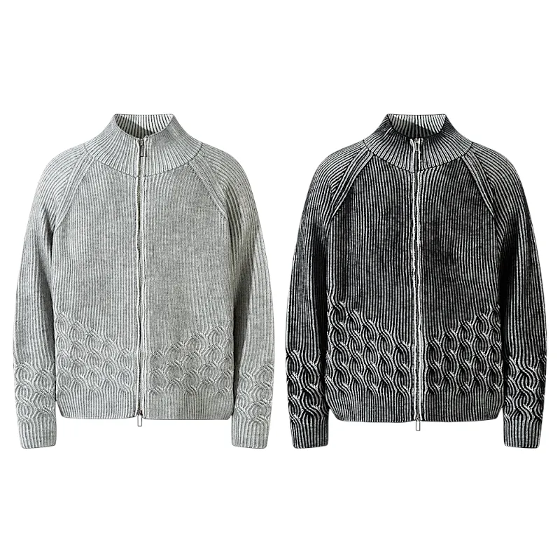 Plated engineer cable cardigan sweater