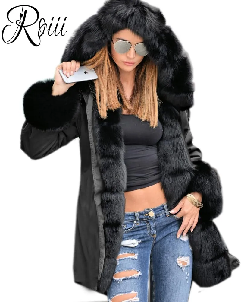 Roiii Women Thicken Warm Winter Coat Hood Parka Overcoat Long Jacket Outwear,Black,Large