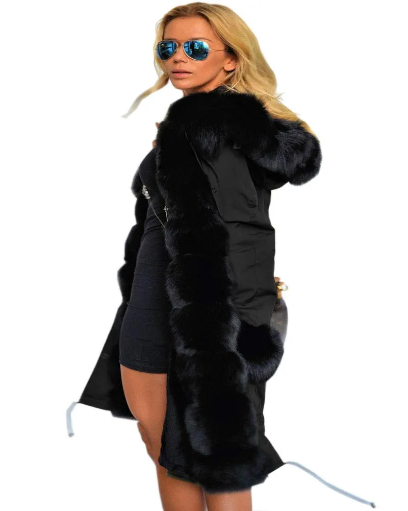 Roiii Women Thicken Warm Winter Coat Hood Parka Overcoat Long Jacket Outwear,Black,Large