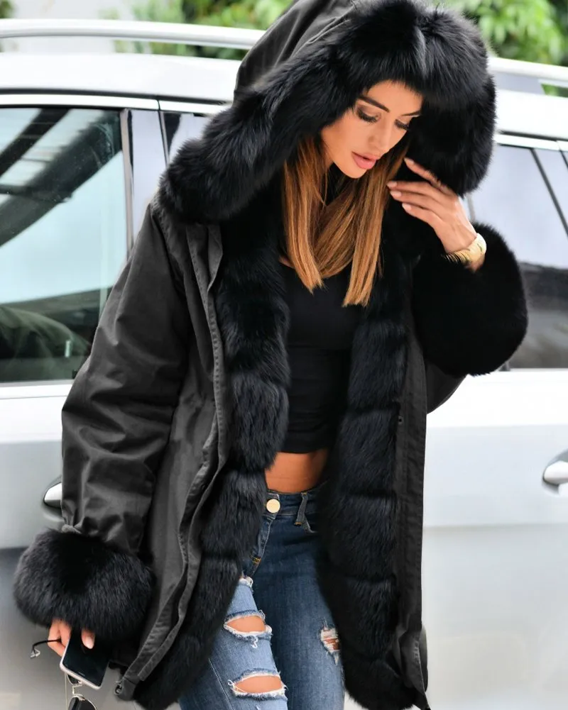 Roiii Women Thicken Warm Winter Coat Hood Parka Overcoat Long Jacket Outwear,Black,Large