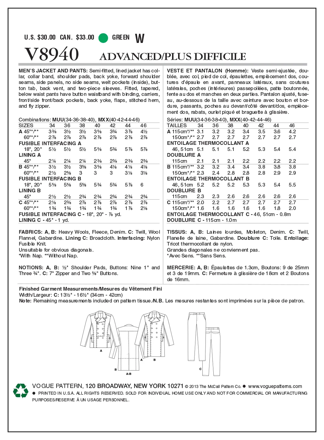 V8940 Men's Jacket and Pants - Mens