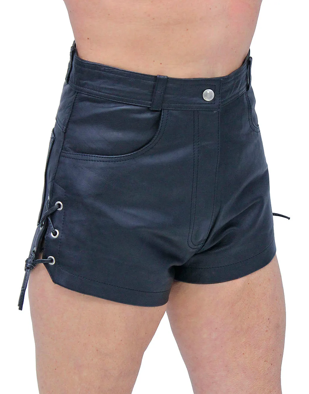 Women's Black Leather Booty Shorts W/Side Lace Cuff #SH1119LK ()